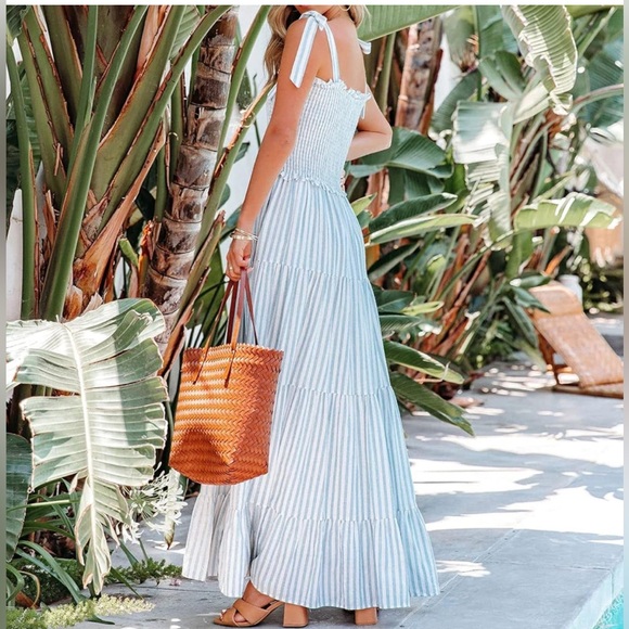 Cotton Adjustable Straps Boho Stripe Casual Flowy A Line Midi Dress with Pockets - Picture 5 of 15